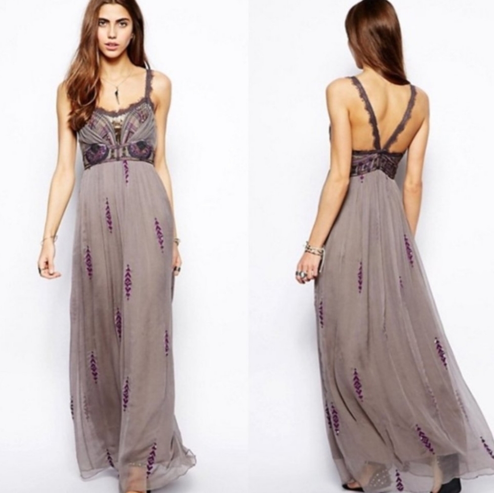 Free People Purple Gray Artemis Maxi Party Dress Sequined Embroidered